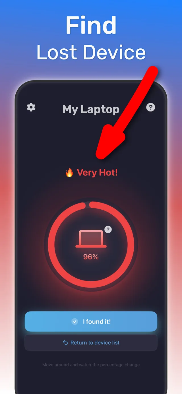 Hot–cold proximity tracking screen with percentage indicator guiding you to a lost Bluetooth device
