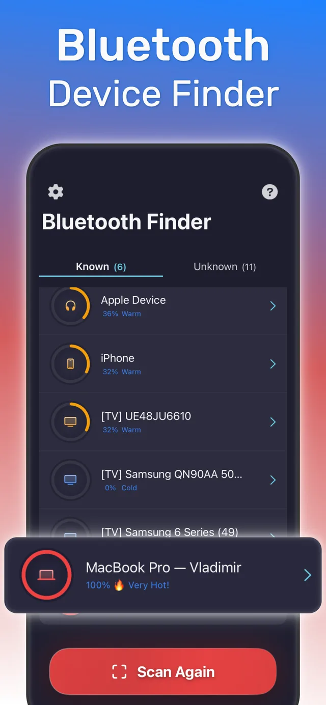 Bluetooth scanner list showing nearby Bluetooth devices with signal strength on iPhone
